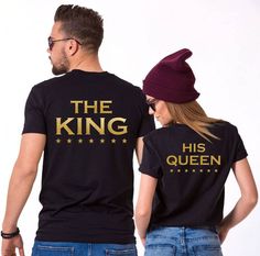 "The King and His Queen Gold T-shirts For Couple Cool Vintage Tee Price is for one t shirt AVAILABLE SIZES WOMAN: XS, S,M,L,XL,2XL AVAILABLE SIZES MAN: S,M,L,XL,2XL,3XL COLOR: BLACK CONDITION: BRAND NEW T-SHIRT SPECS : 100% high quality pre-shrunk cotton (165 g/m2) jersey). Taped neck and shoulders, twin needle stitching, seamless collar. PRINT: Highest quality print - not cheap \"iron-on\" transfers! MEASUREMENTS : width - armpit to armpit ; length - the body length is measured in a straight li King Queen Shirts, Black King And Queen, Funny Couple Shirts, His Queen, Couples Shirts, Couple Tees, Anniversary Shirt, Queen Tshirt, Queen Shirts