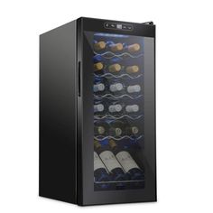 a black wine cooler with many bottles in the front and two empty ones behind it