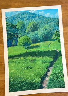 a painting of a path in the middle of a field with trees and mountains behind it