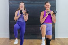 two women are doing exercises with dumbbells