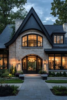 a large brick house with lots of windows and lights on it's front door