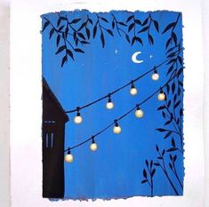 a painting with lights strung from it and the moon in the sky over a building