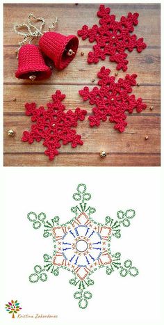 crocheted snowflakes and bells are shown in three different colors, one red the other green