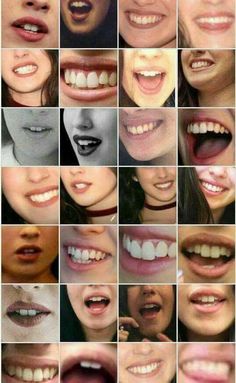 many different pictures of smiling women with their mouths open and teeth wide open, all showing the same amount of white teeth