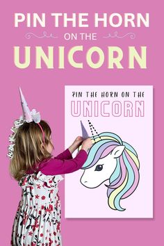 Kid in unicorn party hat pinning a horn on a unicorn at unicorn birthday party Unicorn Party Ideas Games, Pin The Horn On The Unicorn Diy, Unicorn Games Free Printable, Unicorn Birthday Printables Free, Pin The Tail On The Unicorn, Pin The Horn On The Unicorn Printable, Unicorn Party Activity, Unicorn Games For Kids Birthday Party, Unicorn Themed Birthday Party Diy