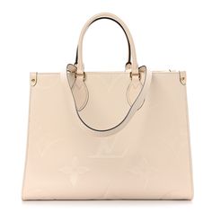 This is an authentic LOUIS VUITTON Empreinte Monogram Giant Onthego MM in Creme. This limited edition tote is crafted of oversized Louis Vuitton monogram print embossed on ivory calfskin leather. The bag features rolled leather top handles, long strap handles, and gold-tone hardware. The top is open to a spacious ivory microfiber interior with pocket. The top can be secured across with a hook claps closure. Onthego Mm, Fake Designer Bags, Louis Vuitton Empreinte, Monogram Prints, Replica Handbags, Hermes Bag, Leather Top, Authentic Louis Vuitton, Louis Vuitton Monogram