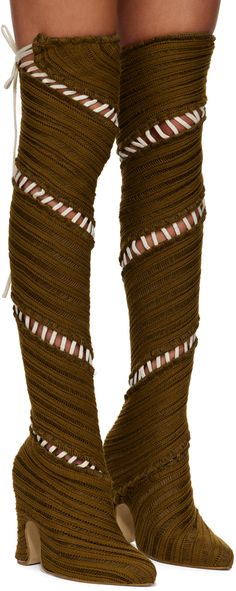 Handcrafted thigh-high open knit boots in brown. Striped detailing throughout. · Pointed toe · Self-tie drawstring at cuffs · Covered block heel · Leather sole · Heel: H4.5 in Available exclusively at SSENSE. Supplier color: Flinstone Isa Boulder, Goth Shoes, Fashion Shoes Heels, Knit Boots, Fashion Mood Board, Shoe Inspo, Swag Shoes, Fashion Heels, Open Knit