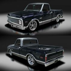 an old black truck with chrome rims is shown in three different angles and sizes