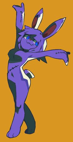 an image of a cartoon character with purple hair and blue eyes, holding his arms in the air