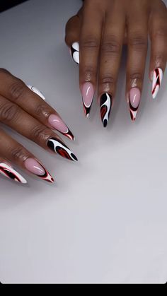 Almond Pointed Nails, Line Work Nails Art Designs, Edgy Stiletto Nails, Autumn Stiletto Nails, Stiletto Nails Designs Short, Fun Nail Designs Creative Latest Fashion, Funky Stilleto Nails, Red Black And White Nails Design, Black And White Nails Stiletto