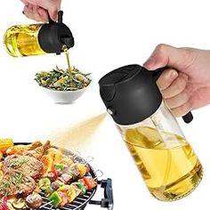 a person is pouring olive oil into a bowl with food on the grill next to it