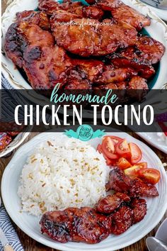 chicken tocino with rice and tomatoes on the side is shown in this collage