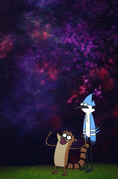 two cartoon characters standing next to each other in front of a night sky with stars