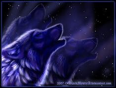 two purple wolfs are facing each other with stars in the background