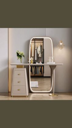 a white desk with a mirror on top of it next to a dresser and lamp