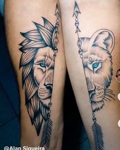 two tattoos on legs with lions and arrows