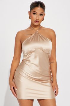 Available In Champagne And Emerald. Satin Mini Dress Halter Y-Neckline Hidden Side Zipper Backless Lined Length = 33" 95% Polyester 5% Spandex Imported California Proposition 65 WARNING: Cancer and Reproductive Harm - www.P65Warnings.ca.gov. | Clarisa Satin Mini Dress in Champagne size XL by Fashion Nova Mini Dress Halter, Dress Halter, Satin Mini Dress, Side Zipper, Fashion Nova, Halter Dress, Champagne, Emerald, Dress Outfits