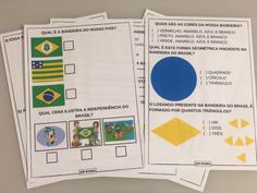 three sheets of paper with different flags on them