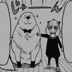 a person standing in front of a cartoon bear