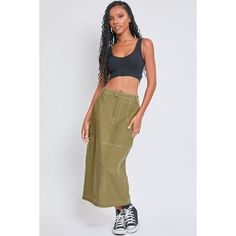 Wow, where is your skirt from?! Be prepared for a flood of compliments in our Womens Cargo Maxi Skirt. This lightweight cotton-blend skirt features a relaxed fit and maxi silhouette with a slit in the back for mobility. Detailed with rectangular front patch pockets, back pockets, and one cargo pocket with a snap button tab. Complete with a front zip fly and hook and eye closure and on-trend contrast stitching throughout. Style this piece with a fitted crop top and combat boots and keep it on hea Jeans Long Skirt, Womens Cargo, Flared Skater Skirt, Fitted Crop Top, Ymi Jeans, High Waisted Pleated Skirt, Skirts Midi High Waisted, Long Maxi Skirts, Boho Skirts