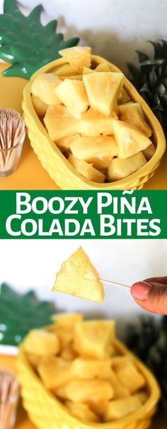 this is an image of a bowl of pineapples with the words boozy pina colada bites on it