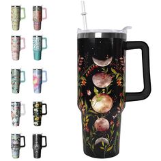 thermos travel mug with lid and handle is decorated with images of moon phases