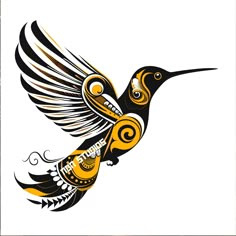 a bird that is flying in the air with wings spread out and designs on it's body