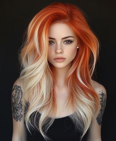 Red To White Ombre Hair, Deep Red And Blonde Hair Color, Bleaching Red Hair, Hair Color Blocking Ideas, Vivid Copper Hair, Autumn Hair Colors For Blondes, Vivid Fall Hair Color, Copper Hair With Blonde Underneath, Red And Orange Hair Color