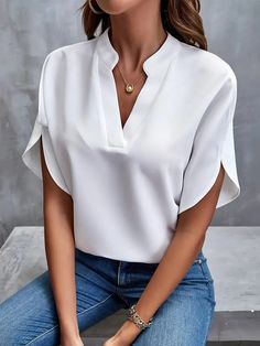 Olivia Mark - Loose-Fit Casual Solid Color Blouse with Wide Collar Split Sleeve, Casual Shirt Women, Stylish Blouse, Elegant Blouses, Ținută Casual, Versatile Outfits, Loose Shirts, Plus Size Kleidung, Chiffon Shirt