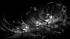 an artistic black and white photo with flowers in the middle, on a dark background