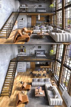 two views of a living room and dining area in an industrial style house with lofts