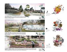 four different views of a park with people and flowers