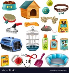 an assortment of pet supplies including dog, cat and bird cages on a white background