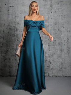 Off Shoulder Twist Front Satin Bridesmaid Dress | SHEIN USA Teal Prom Dresses, Elegant Maxi Dress, Evening Gowns Elegant, Satin Bridesmaid Dresses, Floor Length Skirt, Satin Material, Peacock Blue, Blue Satin, Mother Of The Bride Dresses