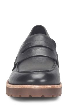 A low stacked heel and grippy rubber treads add modern charm to this supple leather penny loafer packed with extra padding for walkable comfort. 1 1/4" heel; 3/4" platform (size 8.5) Cushioned footbed Leather upper and lining/rubber sole Imported Leather Loafers With Rubber Sole And Low Heel, Leather Loafers With Low Heel And Rubber Sole, Modern Low Heel Leather Loafers, Low Heel Oxfords With Rubber Sole For Business Casual, Modern Leather Loafers With Low Heel, Casual Wingtip Platform Loafers With Leather Sole, Classic Leather Platform Loafers With Cushioned Footbed, Business Loafers With Textured Sole And Low Heel, Leather Loafers With Low Heel And Leather Footbed