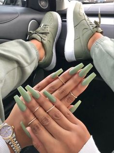 Nails Design For Long Nails, Spring Nails 2023 Ballerina, Matte Spring Nails Coffin, Pistachio Nails Acrylic, Sage Matte Nails, Sage Green Coffin Nails, Green Coffin Acrylic Nails, Blue Ballerina Nails, Sage Green Nails Acrylic