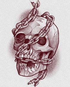 a drawing of a skull with chains on it