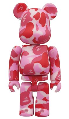 a pink and red camouflage bear toy with hearts on it's chest is shown