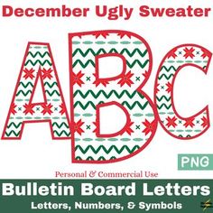 an advertisement for the bulletin board letters, numbers, and symbols december ugly sweaters