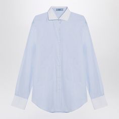 Light Blue Cotton Prada Shirt From Prada Featuring Long Sleeves, Contrasting White Button Cuffs And Collar, Front Button Placket, Curved Hem And Rear Triangle Logo Patch. Model Wears Size 38 It Model Measurements: Height: 180 Cm Chest: 85 Cm Waist: 66 Cm Hips: 89 Cm Size Type: It Material: Cotton Sku: 2f-P452hrooo15se/P_prada-F0012_102 Welcome To The Official Luosophy Poshmark Closet! Luosophy Is A Luxury Brand Reselling Company Founded In San Diego, Ca From 2016. All Our Products Are Imported F Light Blue Collared Shirt For Office, Classic Shirt With Cuffed Sleeves And Collar, Spring Business Shirt With Cuffed Sleeves, Office Shirt With Fold Down Collar, Business Blouse With Placket And Spread Collar, Blue Workwear Shirt With Button Cuffs, Office Shirt With Placket And Three Cuff Buttons, Luxury Collared Shirt For Work, Light Blue Button Cuffs Shirt For Work