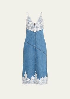 Get free shipping on 3.1 Phillip Lim Lace and Denim Midi Slip Dress at Bergdorf Goodman. Shop the latest luxury fashions from top designers. Fitted Summer Midi Dress With Contrast Lace, Fitted Midi Dress With Contrast Lace For Summer, Fitted Sleeveless Midi Dress With Contrast Lace, Sleeveless Midi Dress With Contrast Lace, Blue Lace Outfit, Denim And Lace Dress, Denim Dress Style, Ladies Day Dresses, Denim Midi Dress