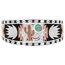 Featuring a southwest design highlighted by a moonlit desert landscape, the Montana Silversmiths\u00ae Desert Serenade Cactus Cuff Bracelet reminds you of the deserts beauty no matter where you are. A rose gold saguaro cactus features as the centerpiece against a silver back drop, while a turquoise cabochon plays the part of a full moon. Twin silver-finished agaves frame the desert scene against black background that accentuates the clean lines. 99.9% fine silver and 18k rose gold plating over a Montana Silversmith Jewelry, Moonlit Landscape, Desert Scene, Western Lifestyle, Southwest Design, Southwestern Design, Cactus Design, Saguaro Cactus, Turquoise Bracelet Cuff