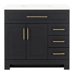 Style Selections Cauley 36-in Black Single Sink Bathroom Vanity with White Cultured Marble Top Lowes 36” Vanity, Bathroom Vanities Lowe's, Black Vanity Bathroom Hardware, Black Marble Top Bathroom Vanity, Black Cabinets Bathroom, 36 Inch Vanity, Marble Mirror, 36" Vanity, Black Vanity Bathroom