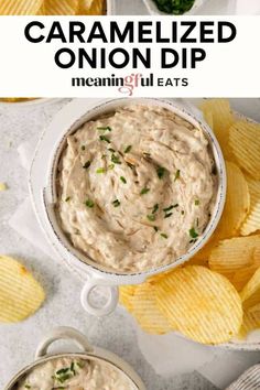 homemade caramelized onion dip in a bowl with chips on the side