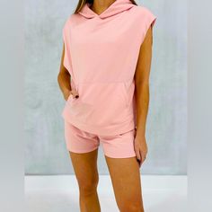 80% Polyester 20% Cotton Very Soft! Great Price For The Entire Set! Looks And Feels Extremely High End. Purchased From A Local Boutique. Nice Oversized Fit With Front Kangaroo Style Pocket With A Hood. Shorts Have 2” Elastic Waist Band. No Pockets On Shorts. Color: Blush Pink Measurements On Top: Small - Pit To Pit 21.5” Length 22” Medium- Pit To Pit 23” Length 22.5” Measurements On Shorts: Small: Inseam 3.5” Rise: 11” Waist: 13” Medium: Inseam 3.5” Rise: 11” Waist: 14” Cozy Pink Summer Tops, Pink Stretch Tops For Leisure, Pink Stretch Top For Leisure, Glitter Bodysuit, Swiftly Tech Short Sleeve, Blush Pink Color, Distressed Sweatshirt, Ribbed Shirt, Half Sleeve Blouse