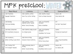 a printable winter lesson for kids with the words mrk preschool winter written on it