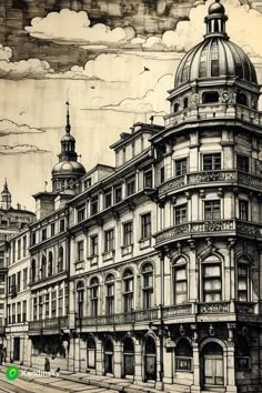 a drawing of an old building with a dome on the top and two stories below