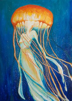 a painting of a jellyfish floating in the blue water with orange and white tentacles