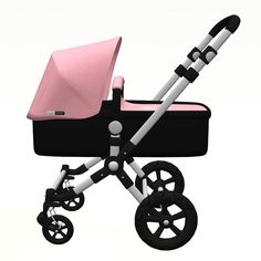 a pink and black stroller is shown on a white background with no one in it