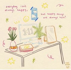 a drawing of a desk with flowers, books and a laptop on it that says 11 eleven